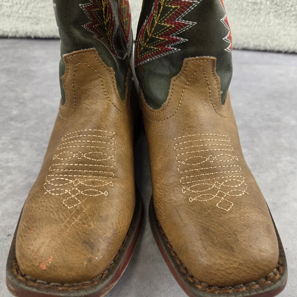 Roper Kids Western Cowboy Boots Brown Green Embroidered Square Toe Size 12